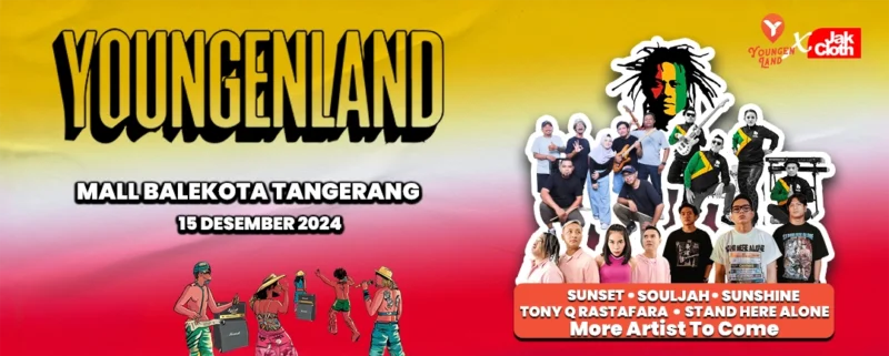 Youngenland Rock And Roots hadir di Mall Balekota Tangerang! Festival musik dengan genre Pop Punk dan Reggae, menampilkan Stand Here Alone dan Tony Q. Dapatkan tiket resmi di exotix.id.