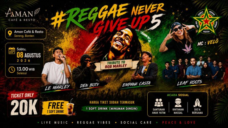 Tribute to Bob Marley 2026 hadir di Aman Café & Resto, Sabtu 08 Agustus 2026. Festival musik reggae dengan tiket mulai Rp20.000.